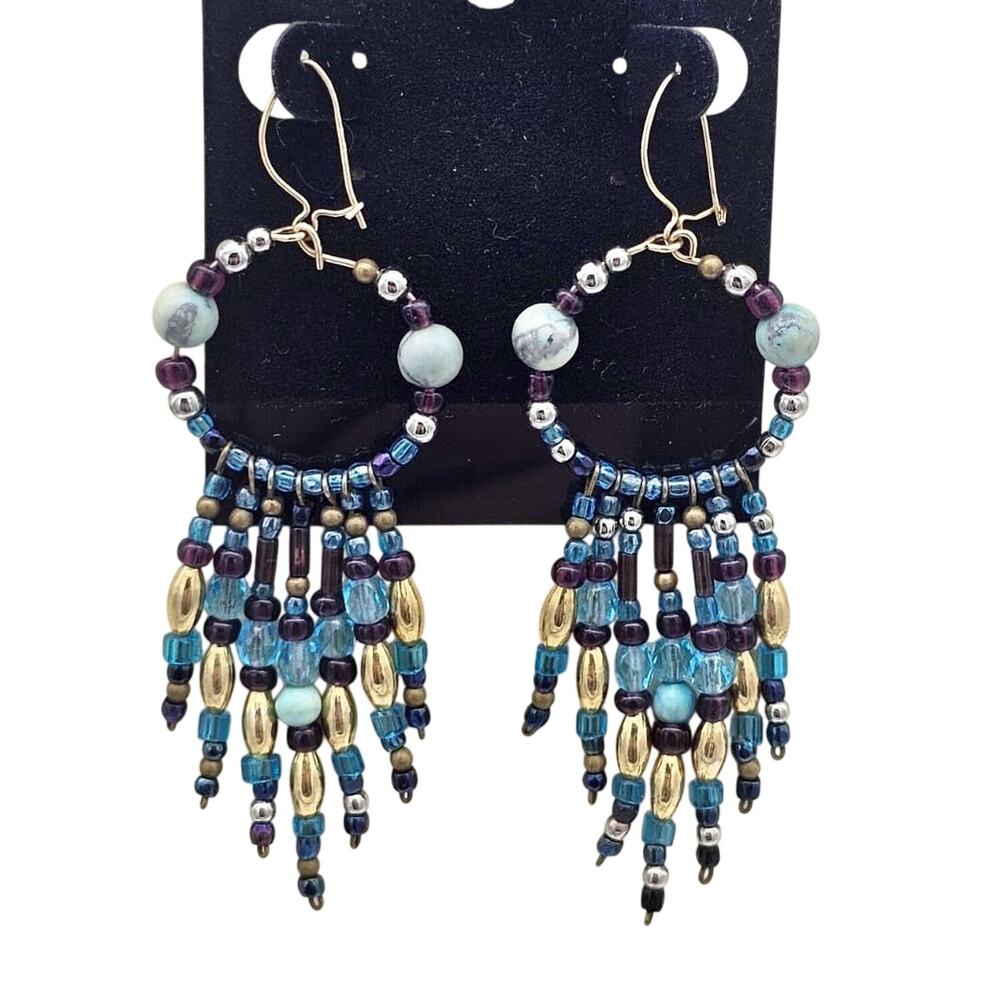Vintage 14k Yellow Gold Blue Purple Gold Beaded Chandelier Earrings Pierced Hook